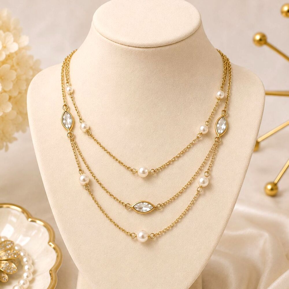 Vintage Avon Triple Chain Station Necklace Faux Pearl Clear Acrylic 16" 1990s